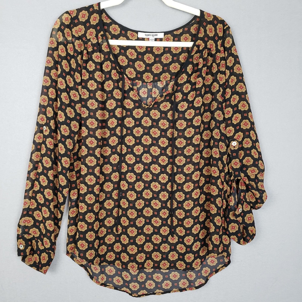Daniel Rainn Size M Sheer Peasant Blouse Boho Floral Brown Black Southwestern